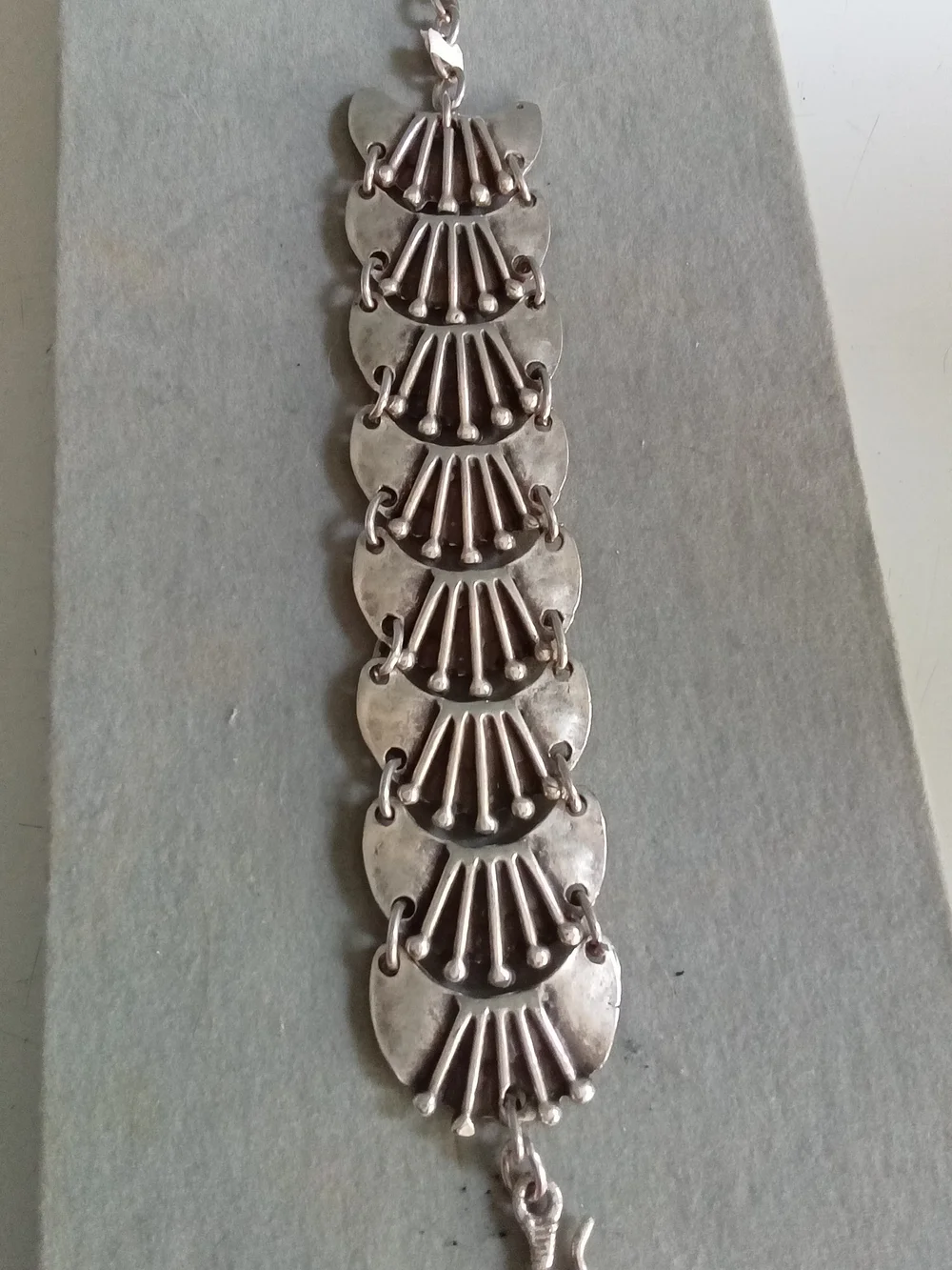 Vintage Brutalist Silver Tone Crescent Panel Bracelet with Coin Charm Boho